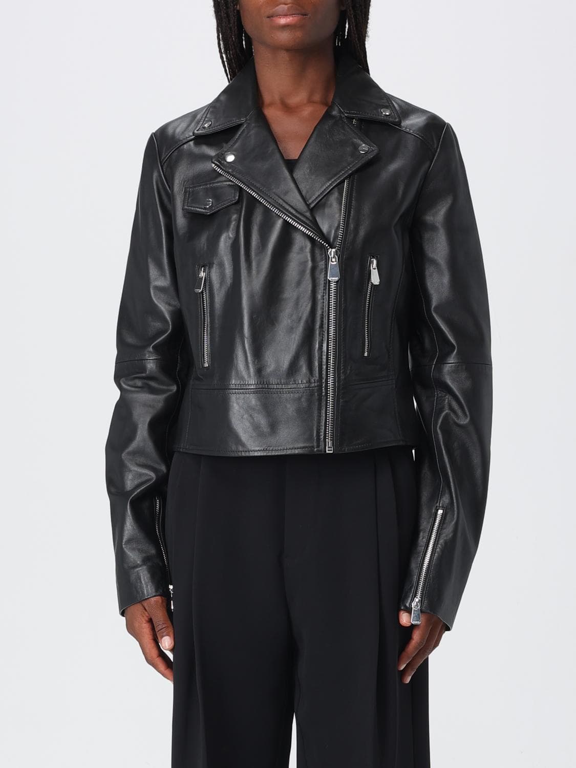 Pinko New Sensibile Cropped Lamb Nappa Biker Jacket with Asymmetric Zip