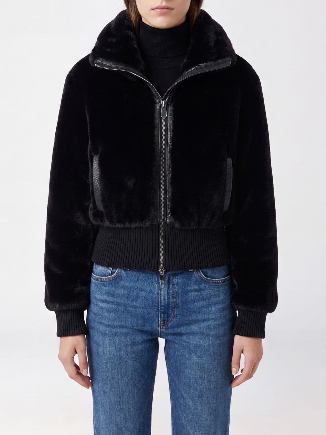 Pinko Faux Fur Zip-Up Jacket with High Neck and Elasticated Cuffs