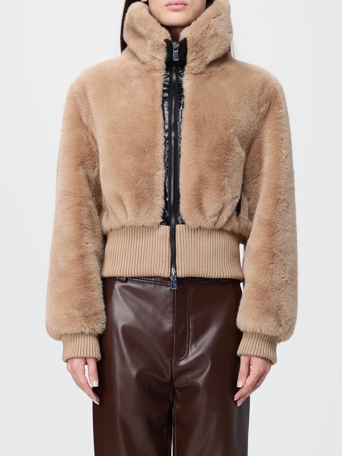 Pinko Faux Fur Zip-Up Jacket with High Neck and Elasticated Cuffs
