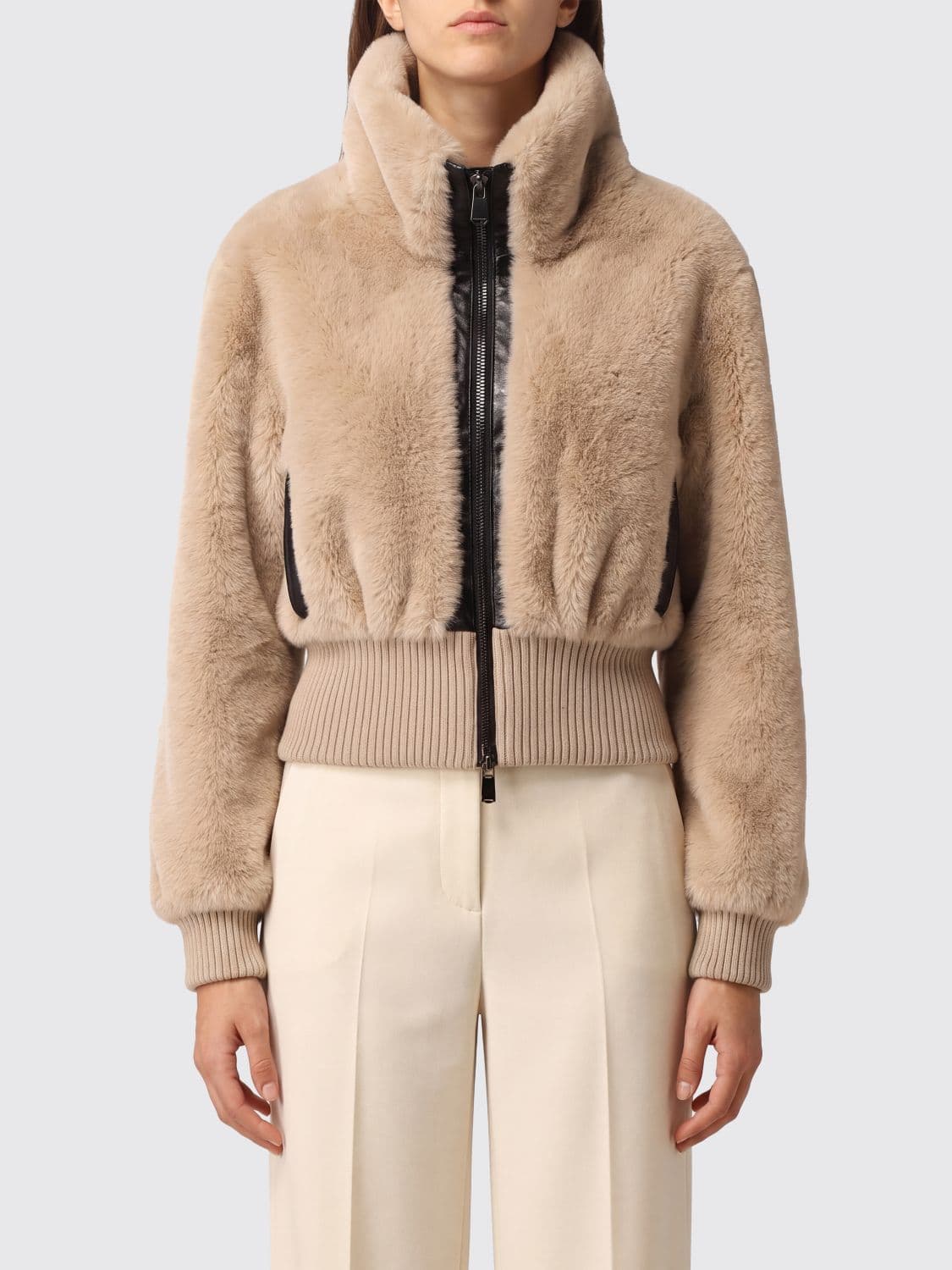 Pinko Faux Fur Zip-Up Jacket with High Neck and Elasticated Cuffs
