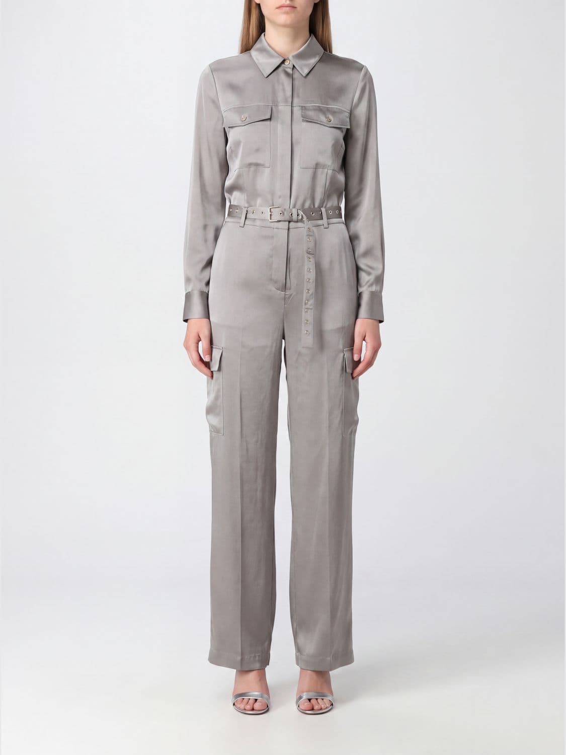 Michael Kors Recycled Fabric Cargo Jumpsuit with Long Sleeves and Adjustable Belt