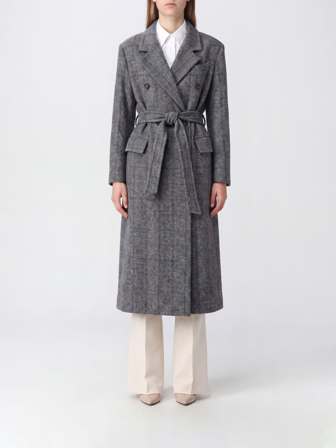 Brunello Cucinelli Long Double-Breasted Check Alpaca Wool Coat with Belt