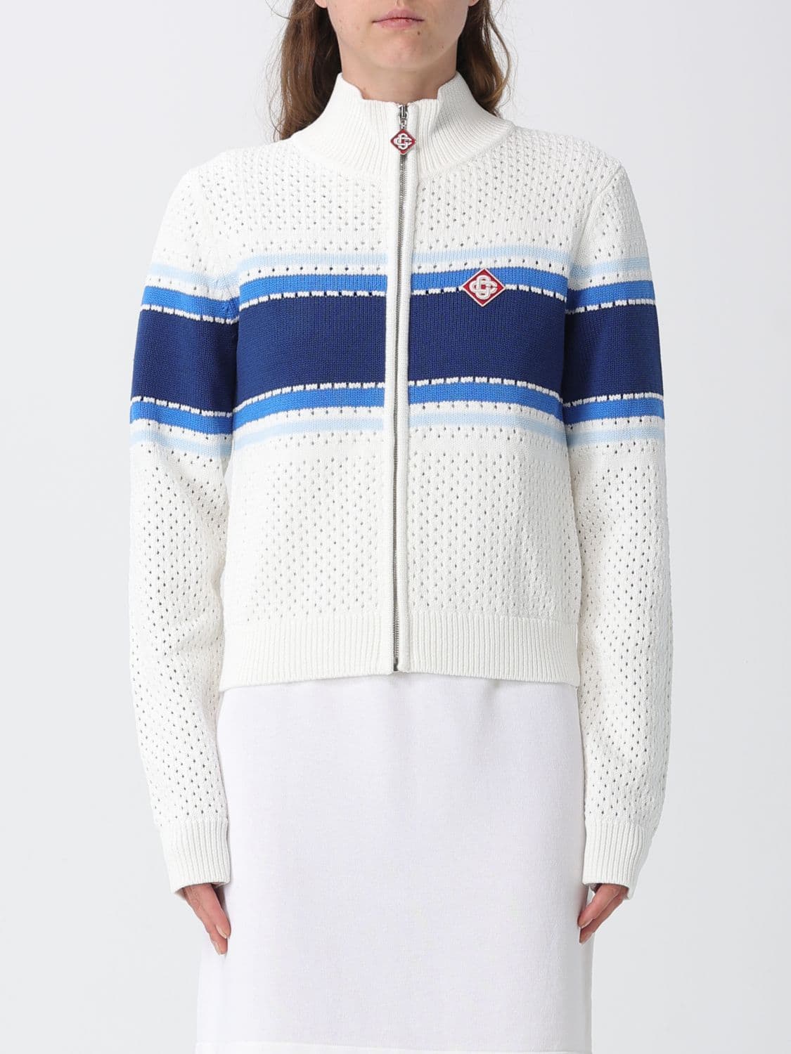 Casablanca Striped Perforated Knit Zip-Up Sweatshirt with High Neck
