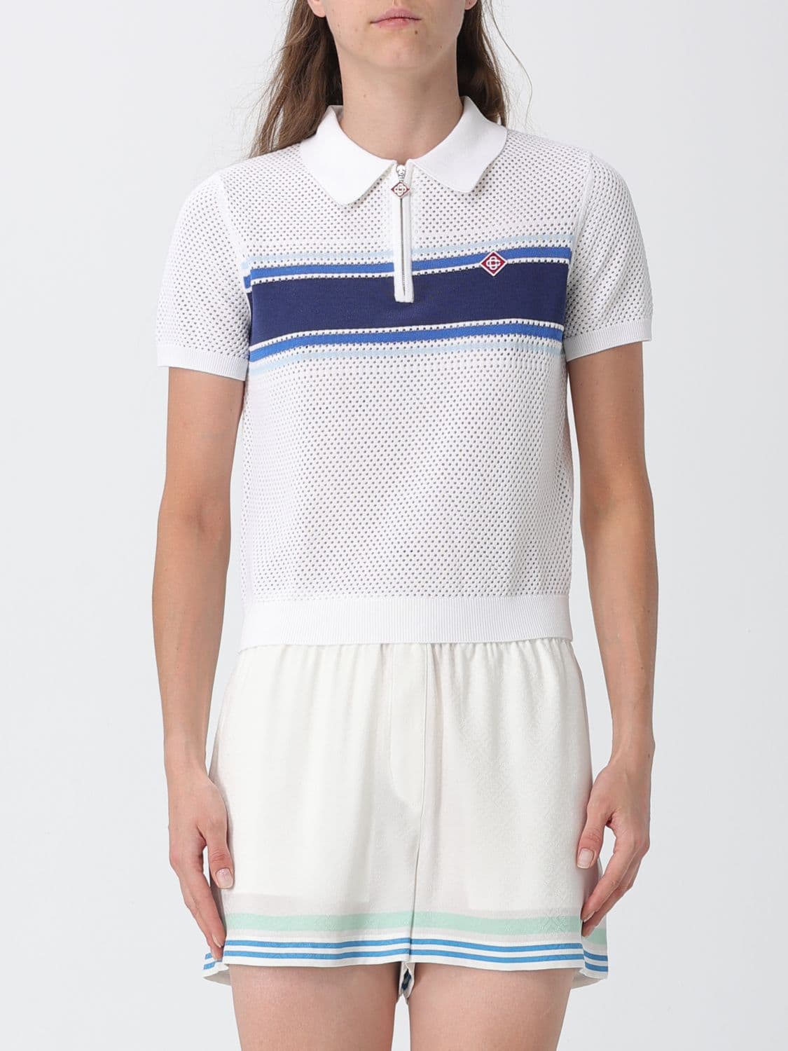 Casablanca Perforated Cotton Knit Polo Shirt with Stripes and Zip Closure