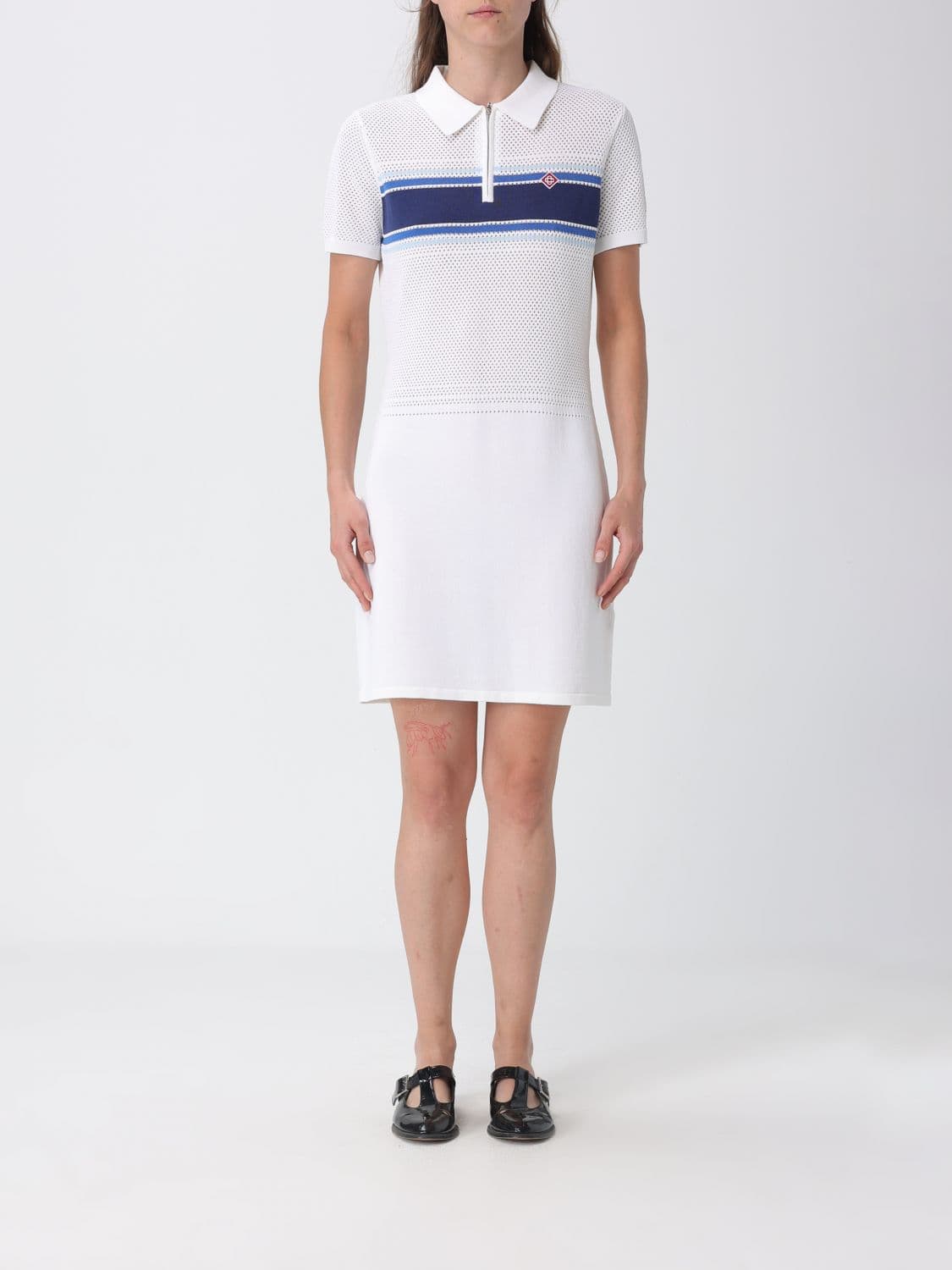 Casablanca Striped Perforated-Knit Cotton-Blend Mini Polo Dress