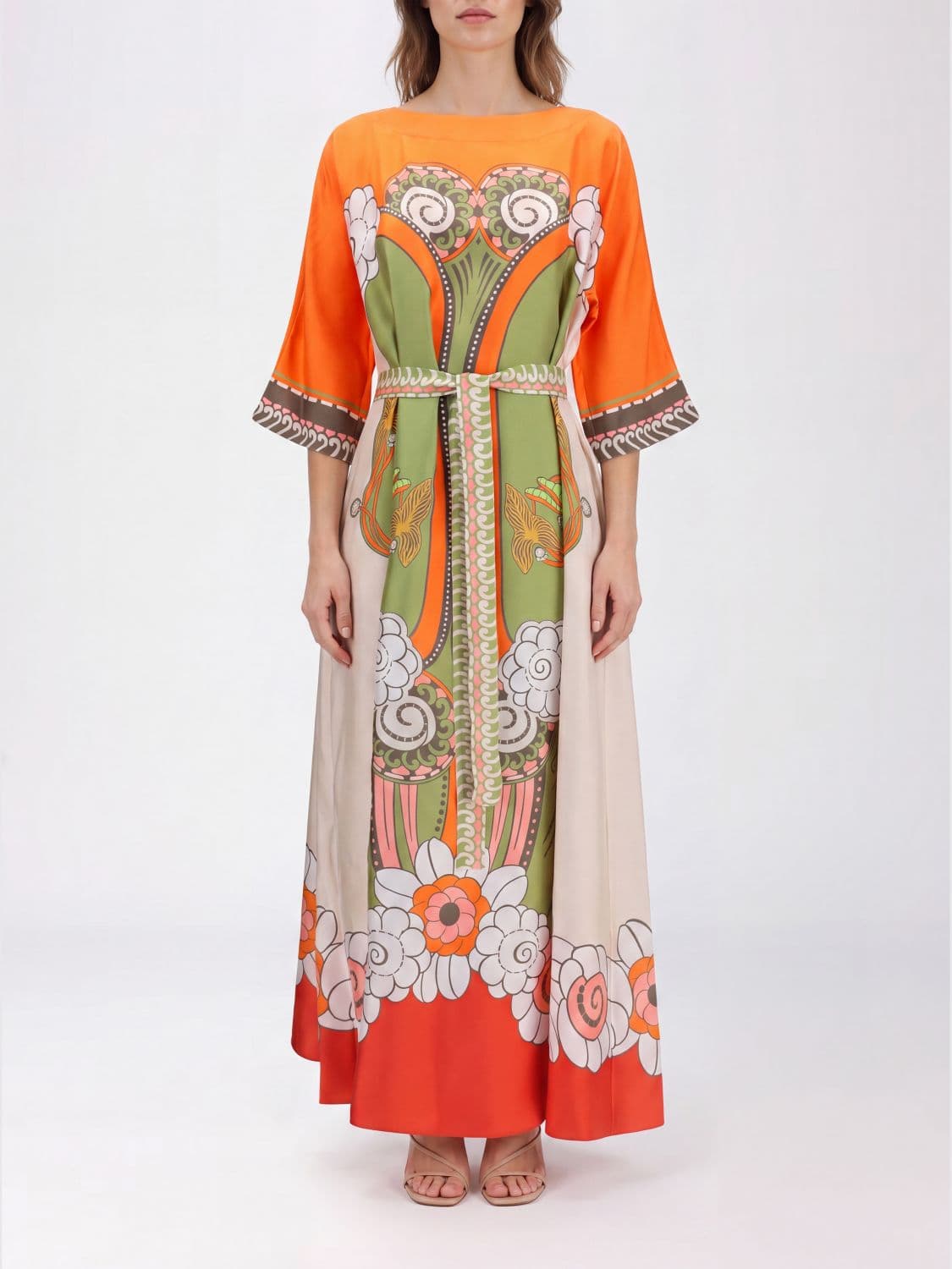 La Doublej A-Line Long Silk Dress with Ethnic Print and Waist Belt