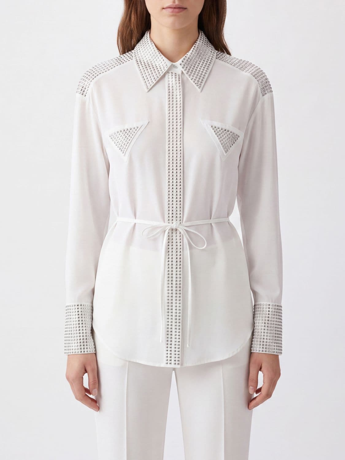 Pinko Slim Fit Cotton and Lyocell Shirt with Rhinestones and Waist Belt