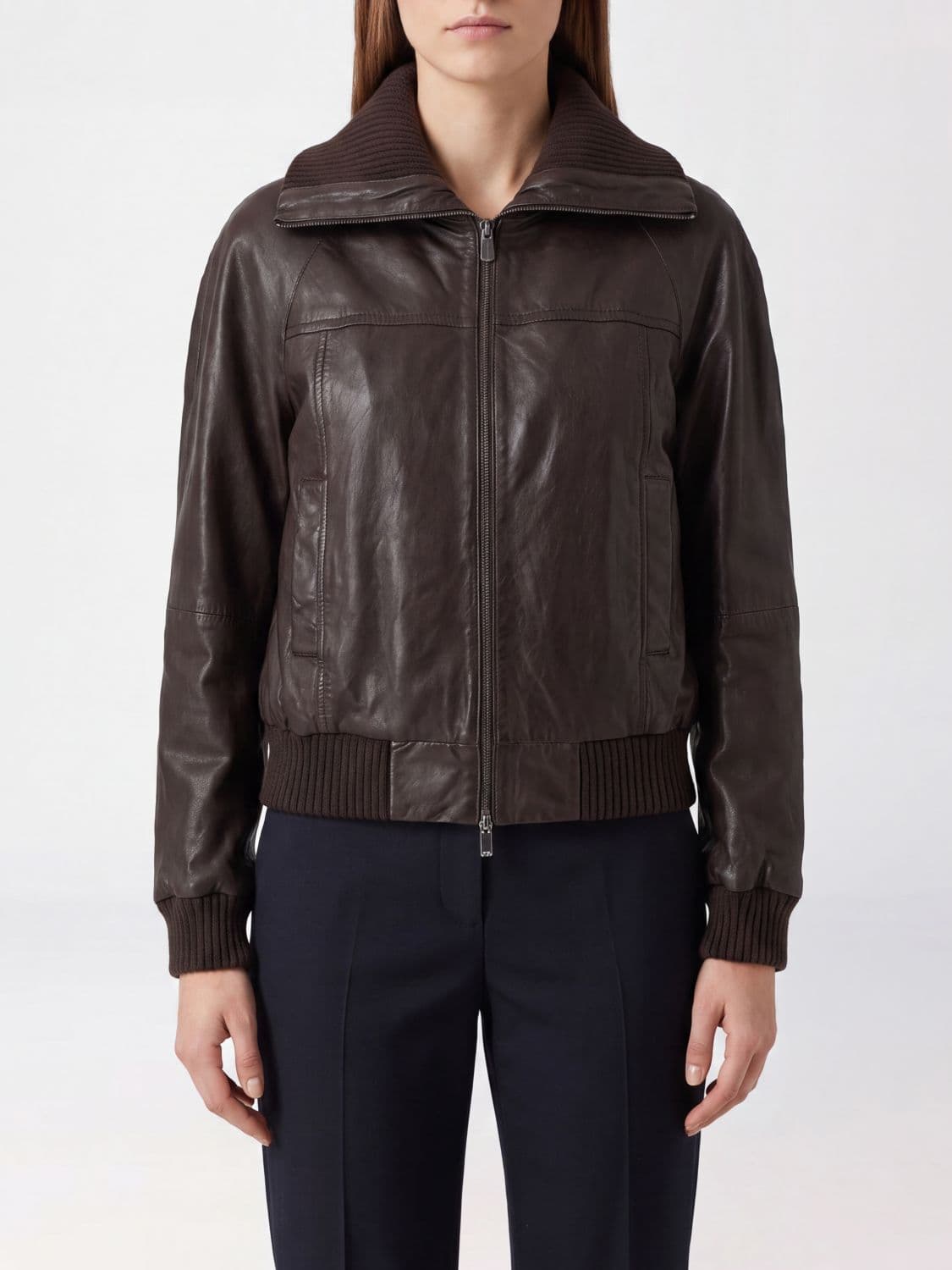 Pinko Short Leather Jacket with High Rib-Knit Collar and Zip Closure