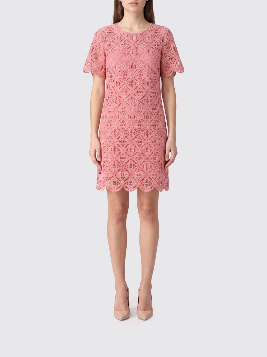 Michael Kors Short-Sleeved Lace Sheath Mini Dress with Crew Neck