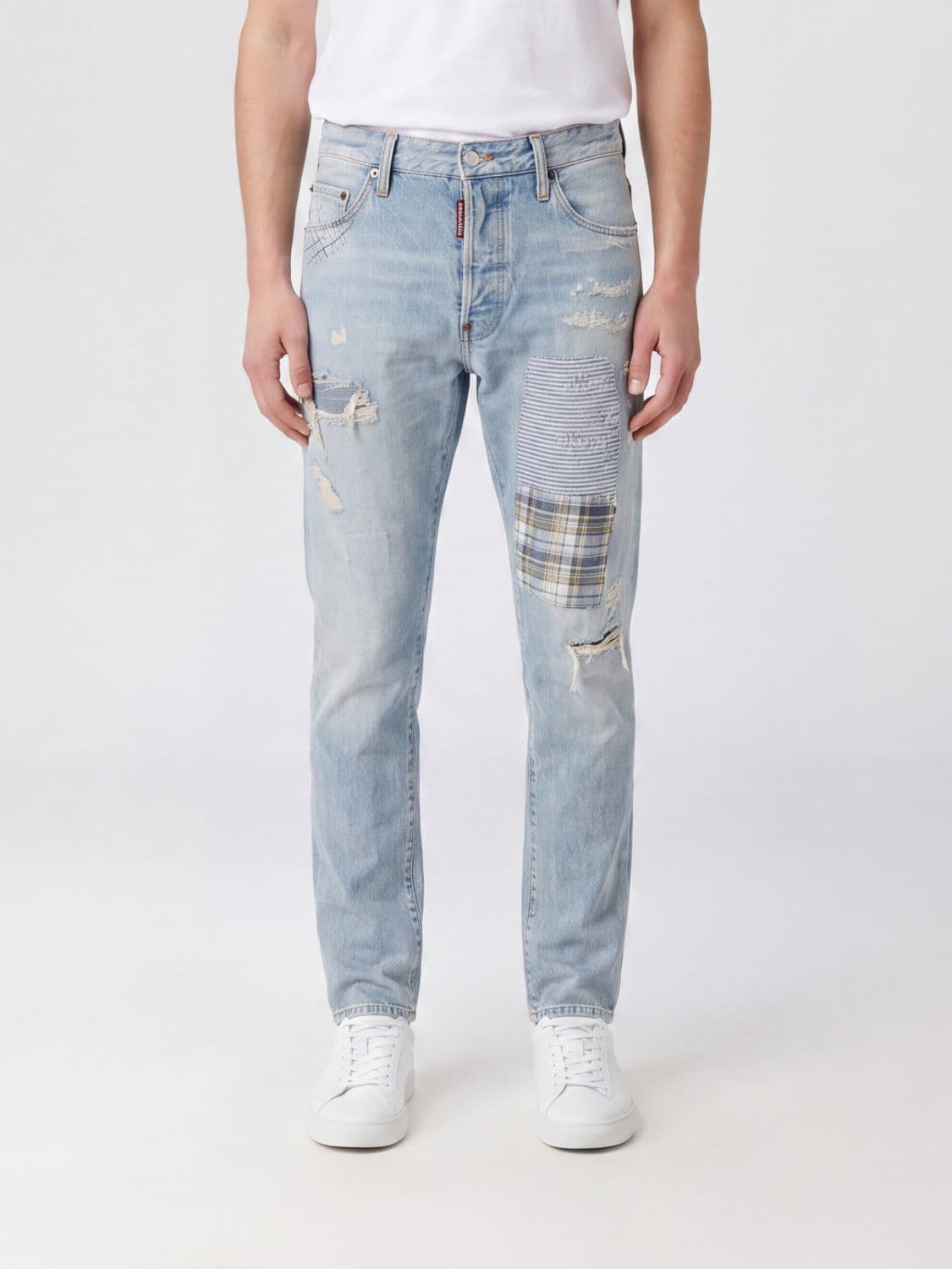 Dsquared2 Teddy Slim Fit Distressed Skinny Jeans in Cotton Denim with Patches