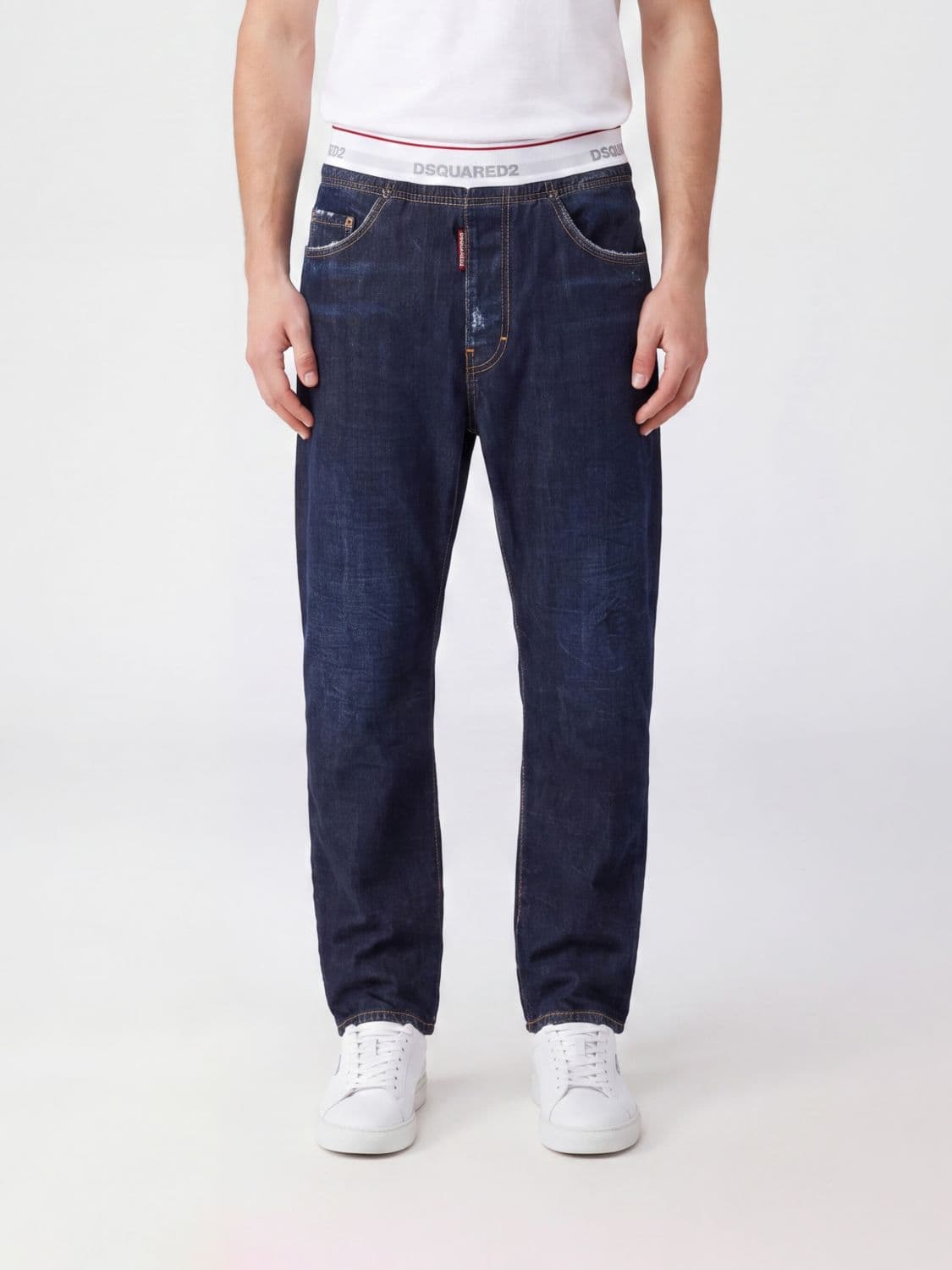 Dsquared2 Straight Leg Distressed Jeans with Elasticated Logo Waistband