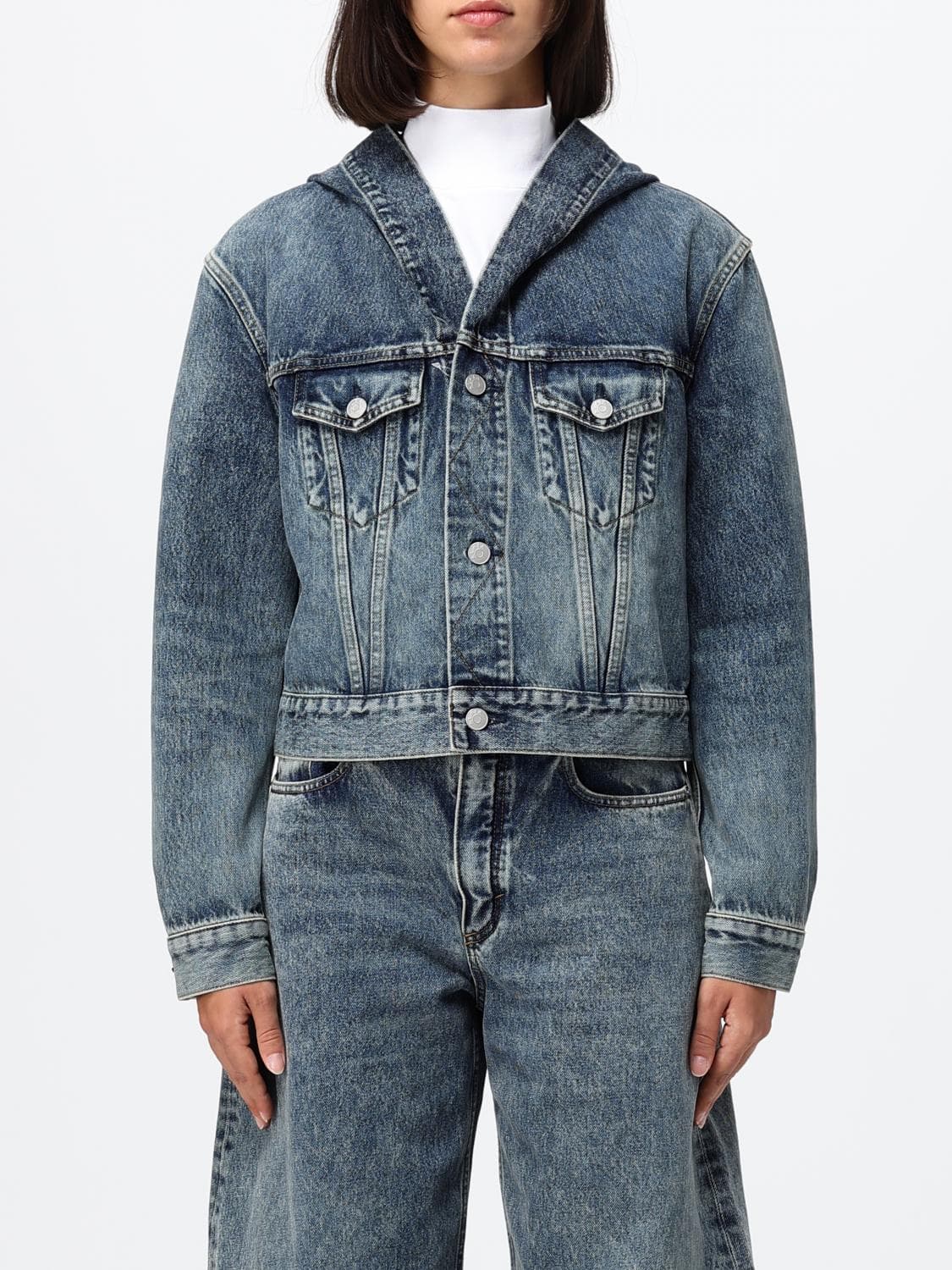 Alaïa Cropped Hooded Denim Jacket in Bleached Denim