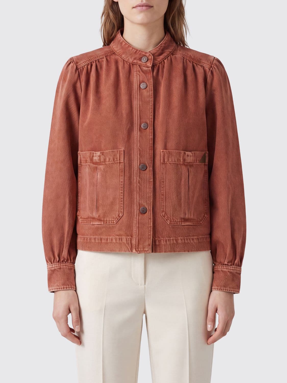 Chloé Cropped Denim Jacket with High Neck and Ruched Shoulders