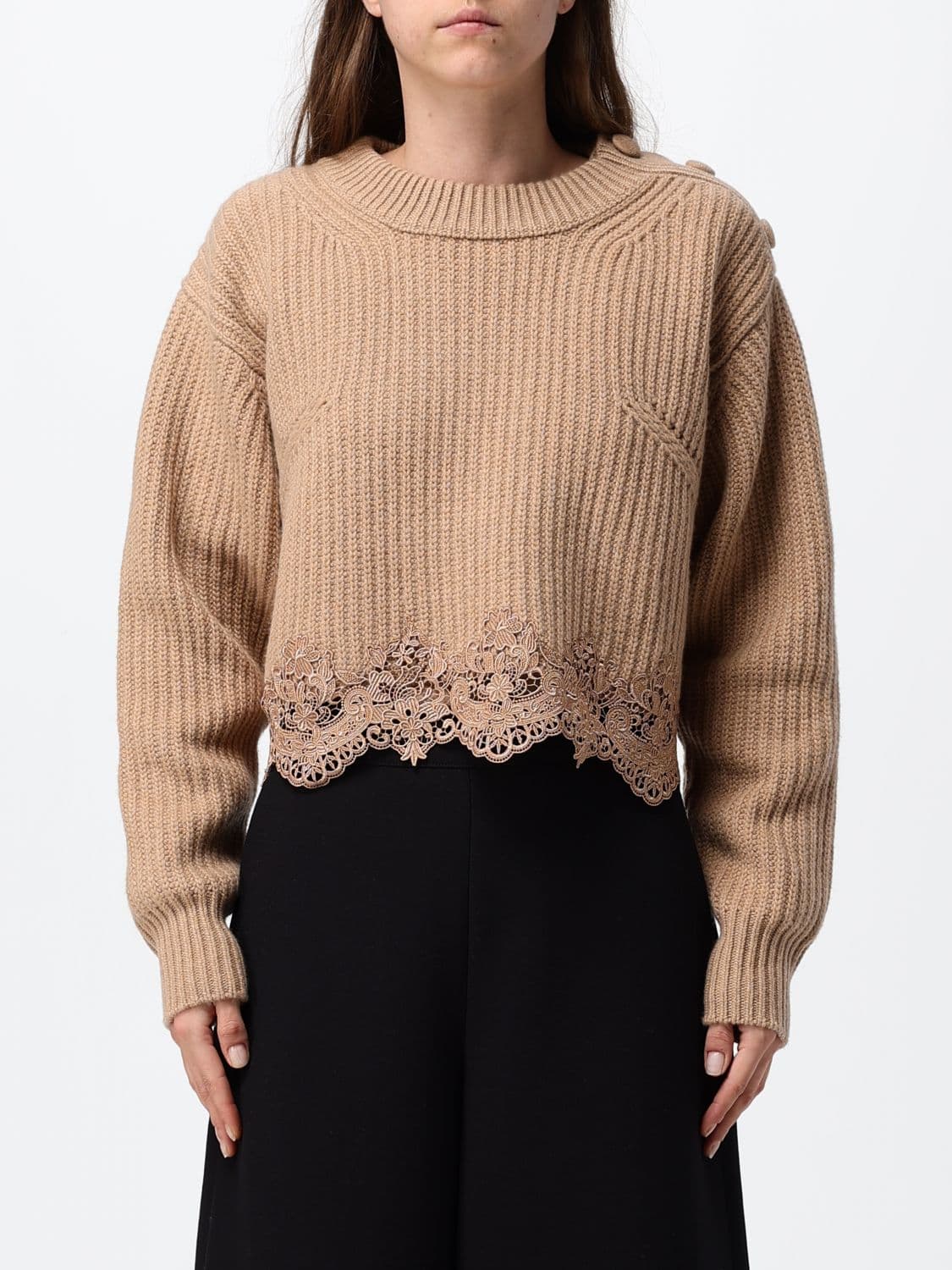 Chloé Wool and Cashmere Crewneck Jumper with Lace Inserts at the Hem