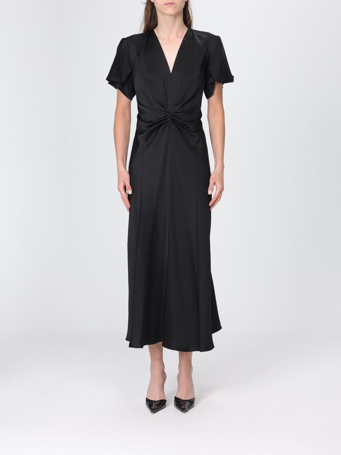 Victoria Victoria Beckham Eve V-Neck Satin Midi Sheath Dress