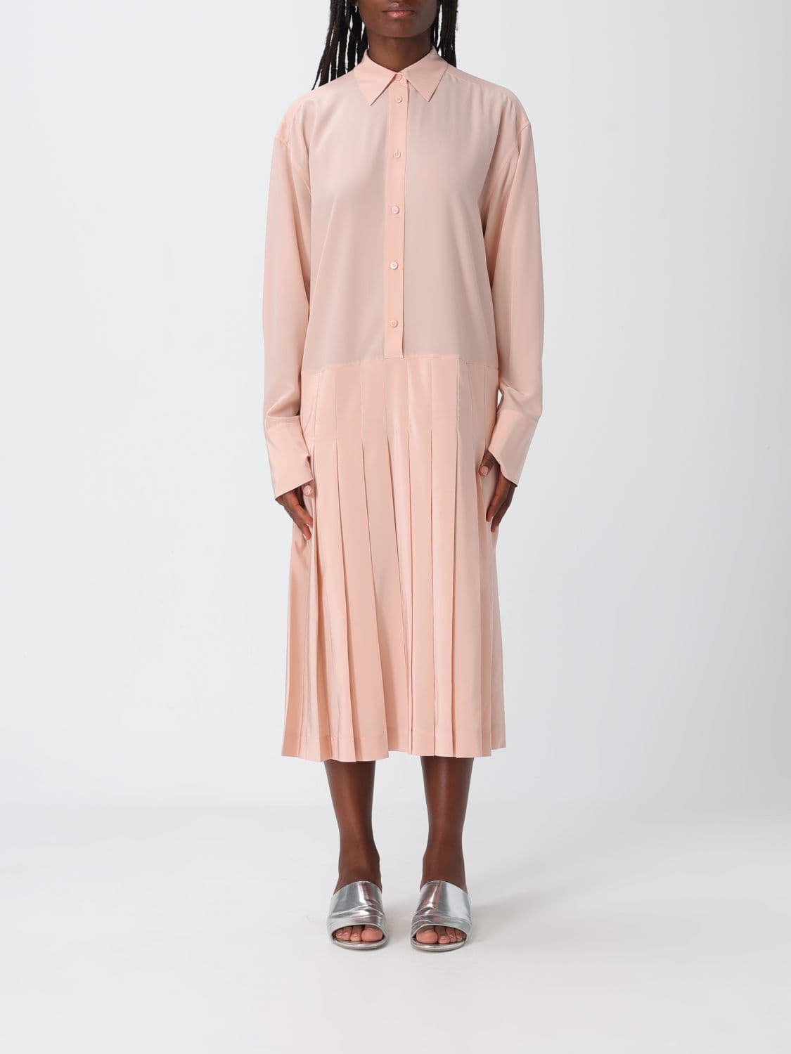 Toteme Pleated Silk Midi Shirt Dress with Classic Collar