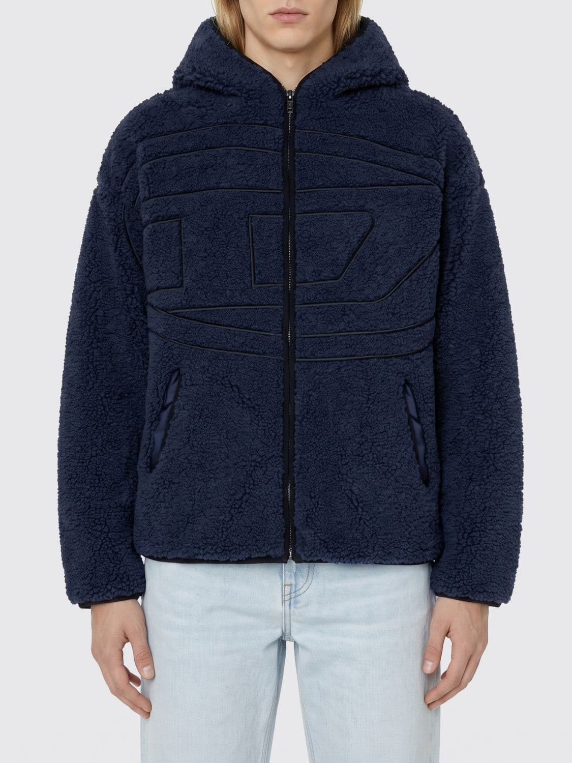 Diesel S-Zat Relaxed Fit Zip-Up Hoodie in Faux Shearling with Oval D Logo