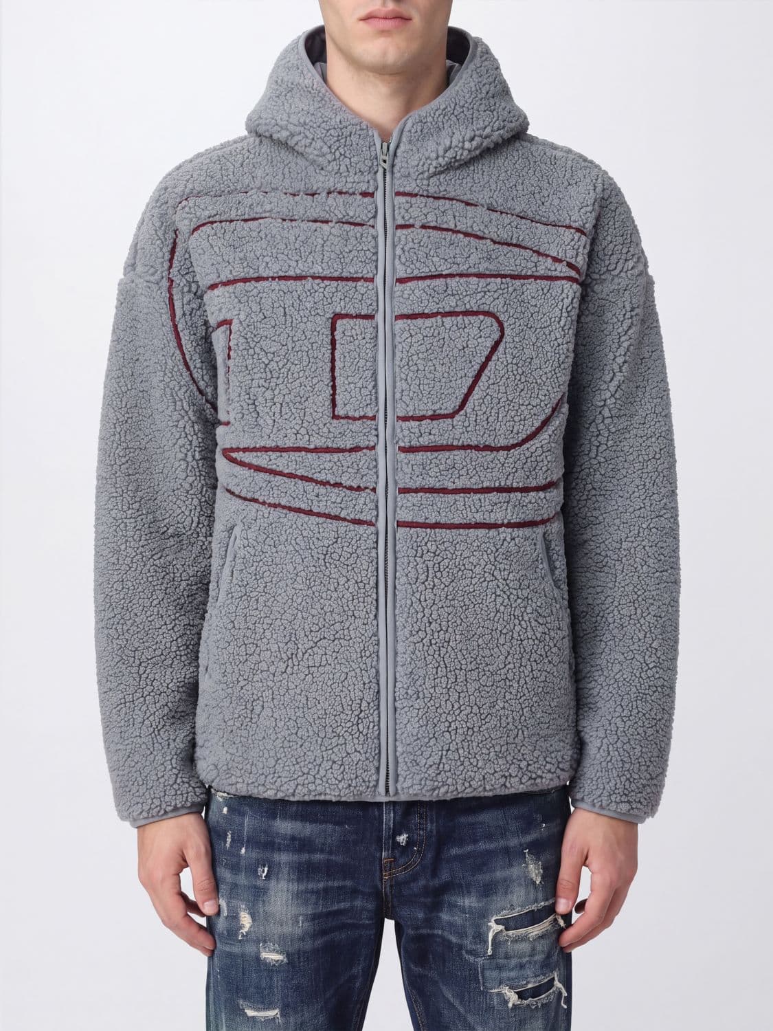 Diesel S-Zat Relaxed Fit Zip-Up Hoodie in Faux Shearling with Oval D Logo