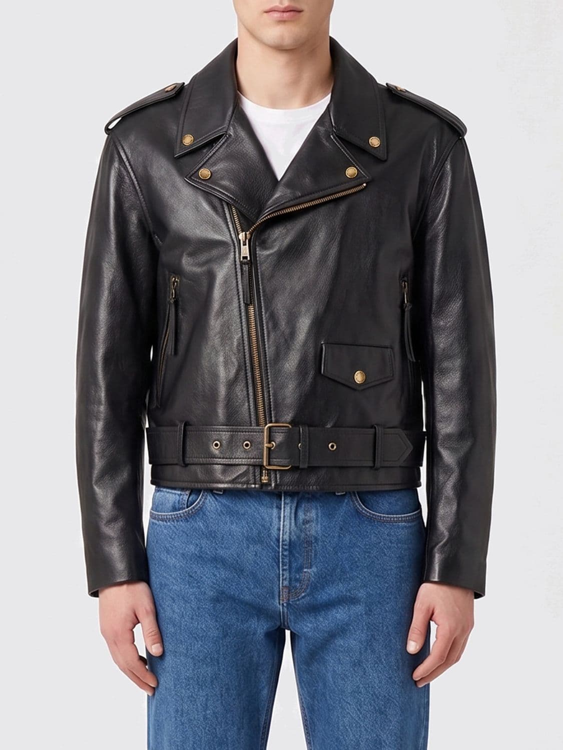 Balmain Smooth Leather Biker Jacket with Lapel Collar and Asymmetrical Zip