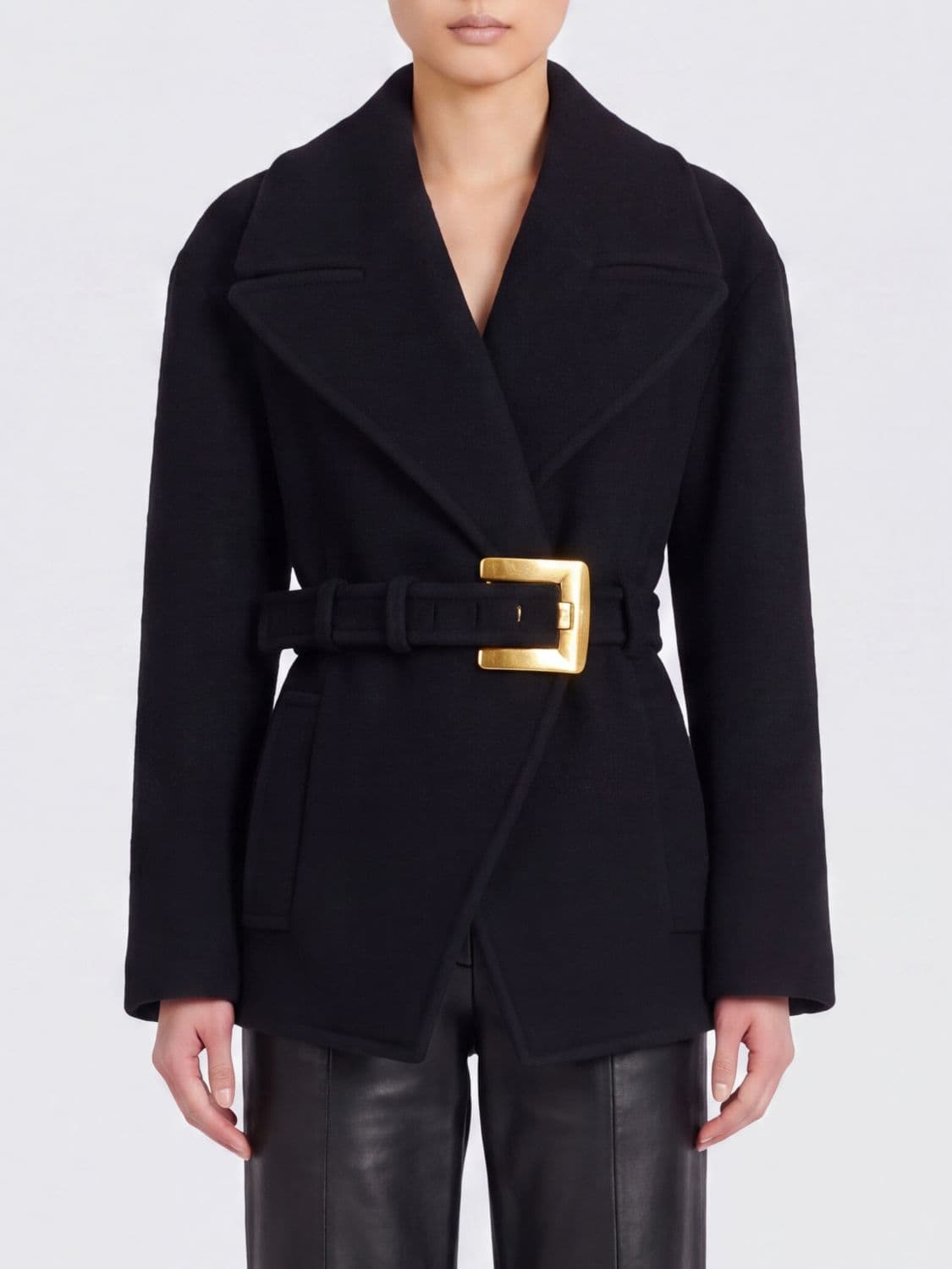 Balmain Belted Short Wool Caban Coat with Lapel Collar