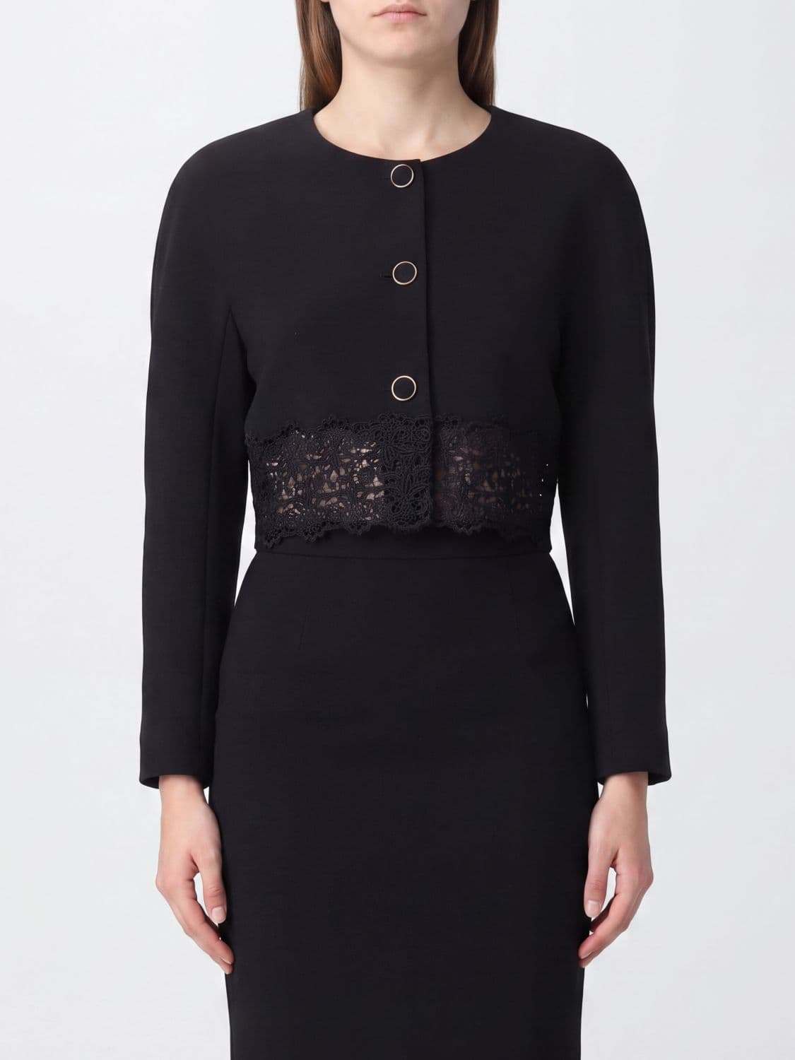 Chloé Cropped Wool Jacket with Lace Embroidery and Crew Neck · 40
