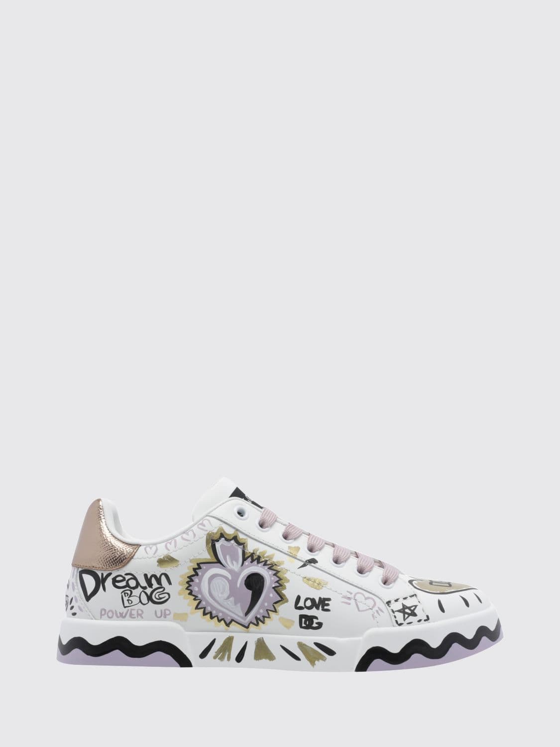 Dolce & Gabbana Portofino Calf Leather Sneakers with Graphic and Slogan Print