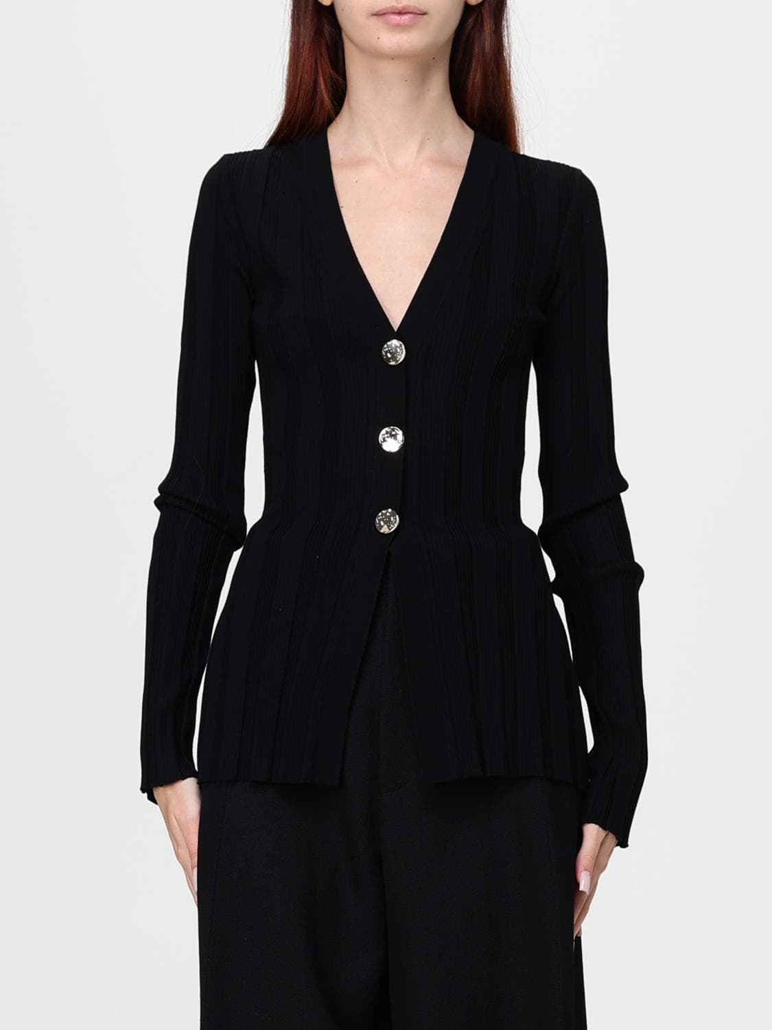 Sportmax Ribbed Slim Fit Viscose Cardigan with Jewelled Buttons