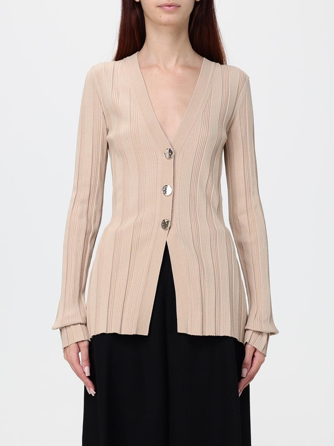 Sportmax Ribbed Slim Fit Viscose Cardigan with Jewelled Buttons