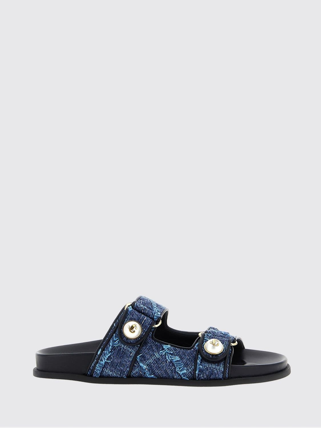 Jimmy Choo Fayence Pearl-Embellished Denim Flat Sandals with Monogram