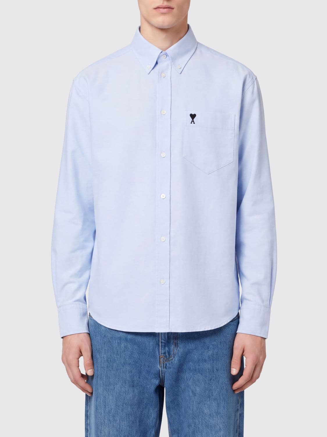 Ami Paris Relaxed Fit Cotton Shirt with Button-Down Collar and Embroidered Logo