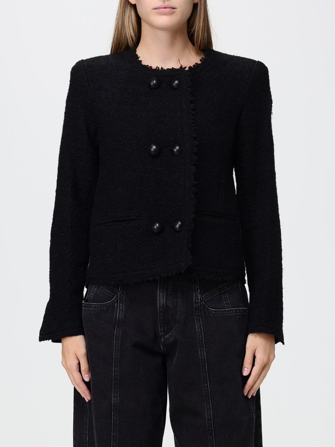 Isabel Marant Short Double-Breasted Wool Blend Blazer with Frayed Hem