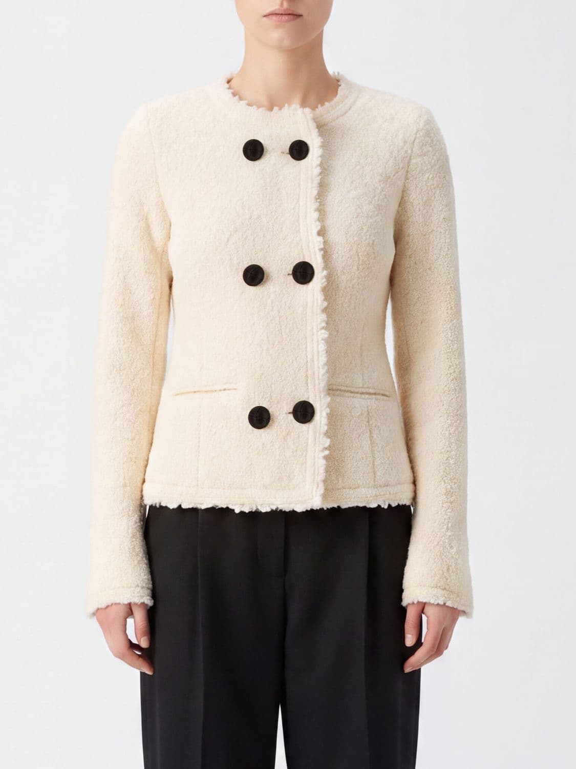 Isabel Marant Short Double-Breasted Wool Blend Blazer with Frayed Hem