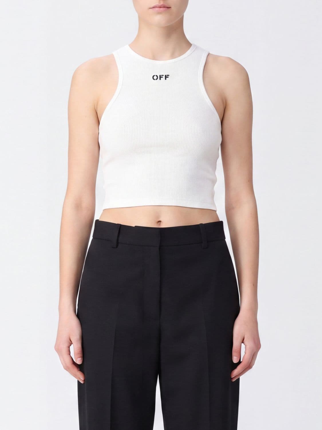 Off-White Cropped Top in Stretch Cotton with Contrast Logo