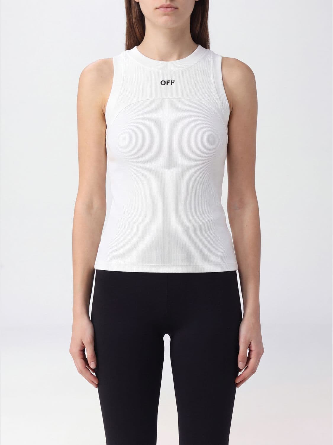 Off-White Sleeveless Slim Fit Top in Stretch Cotton with Logo