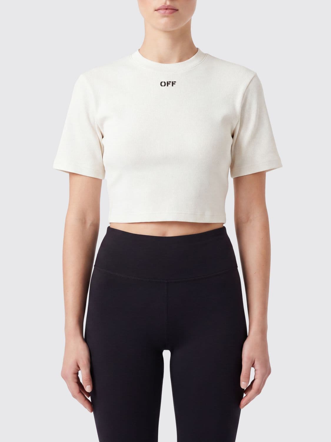 Off-White Cropped Cotton T-shirt with Contrast Logo
