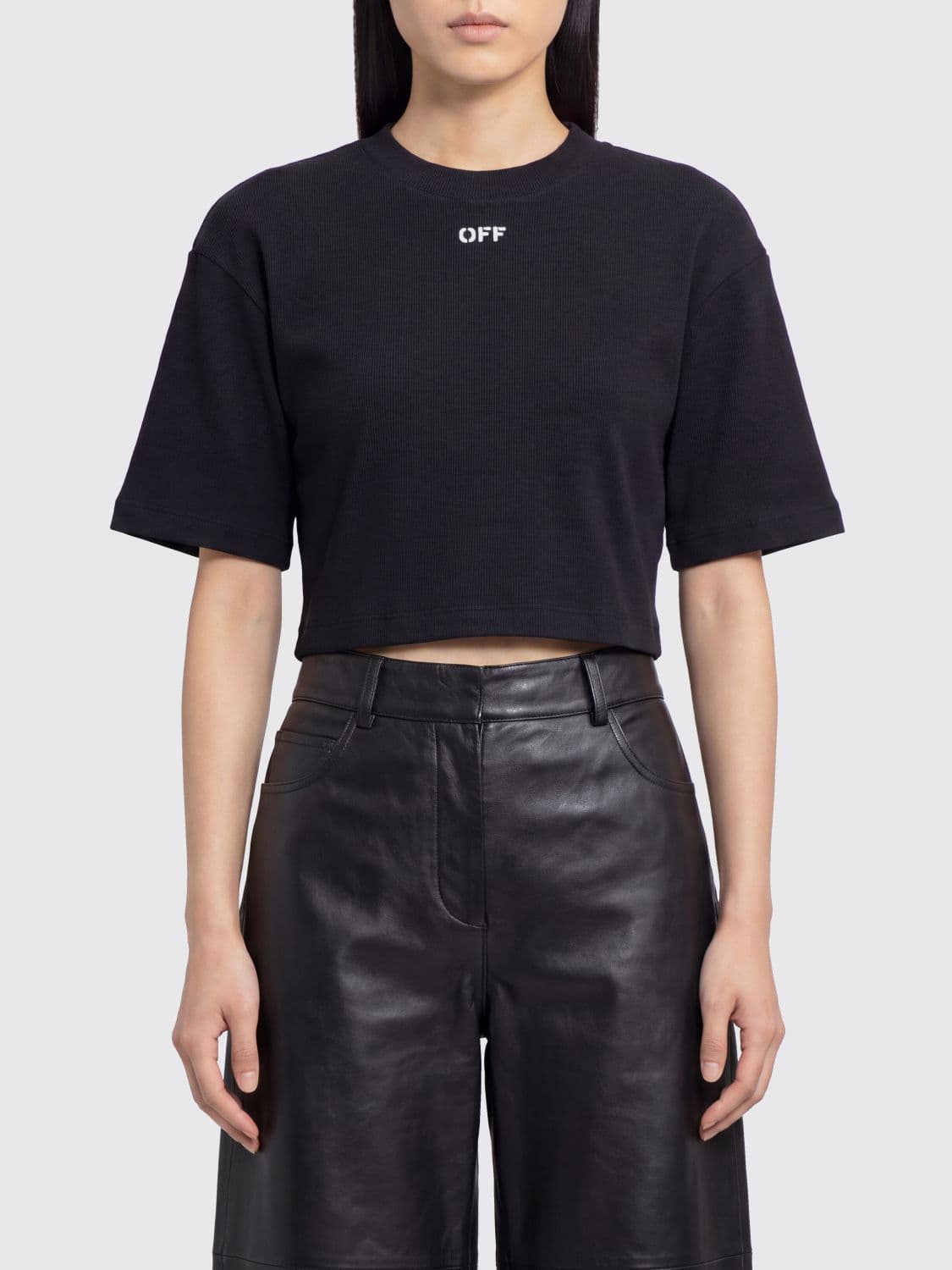 Off-White Cropped Cotton T-shirt with Contrast Logo