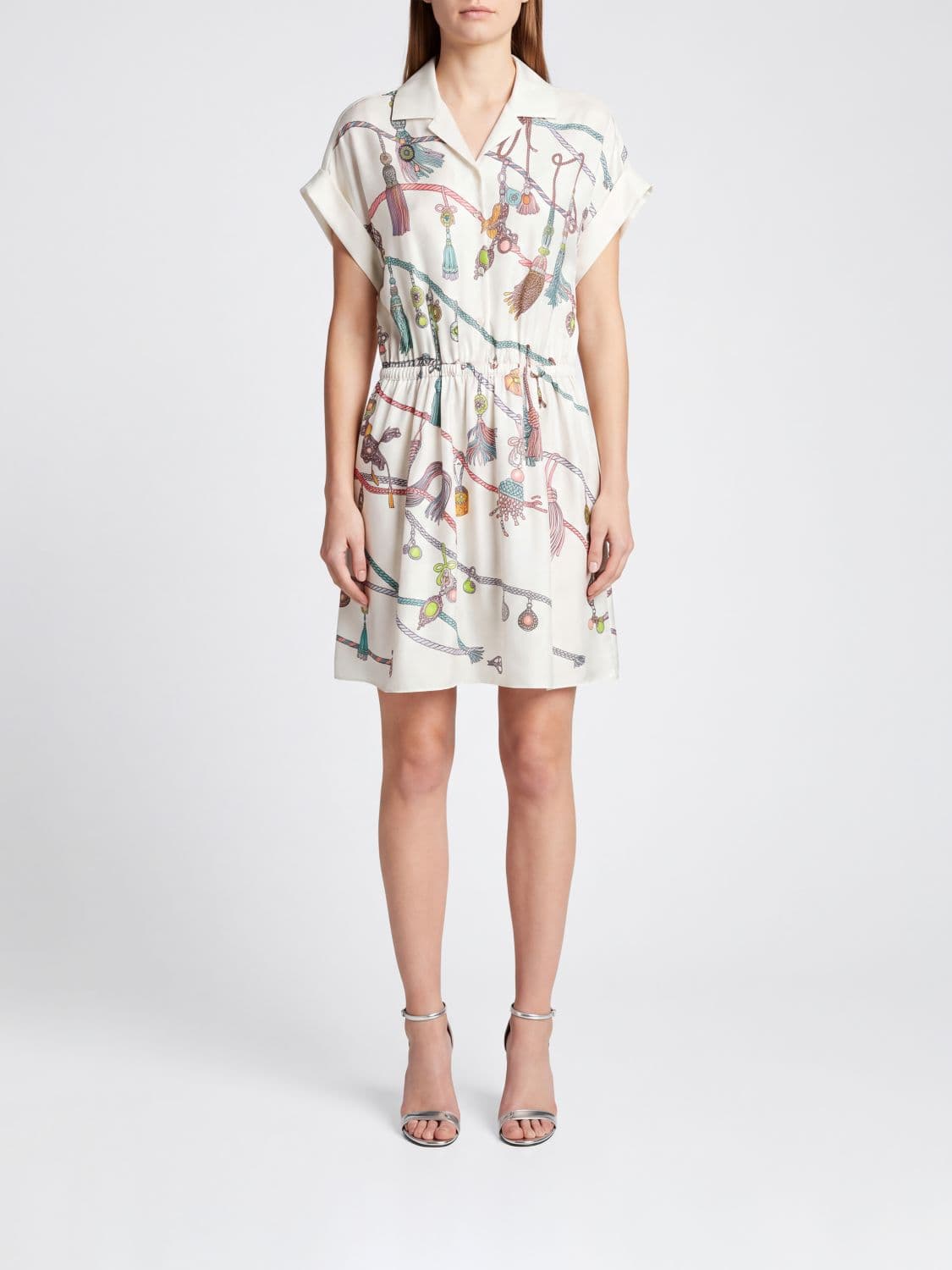 Versace Graphic-Print Silk Twill Mini Shirt Dress with Ruched Waist