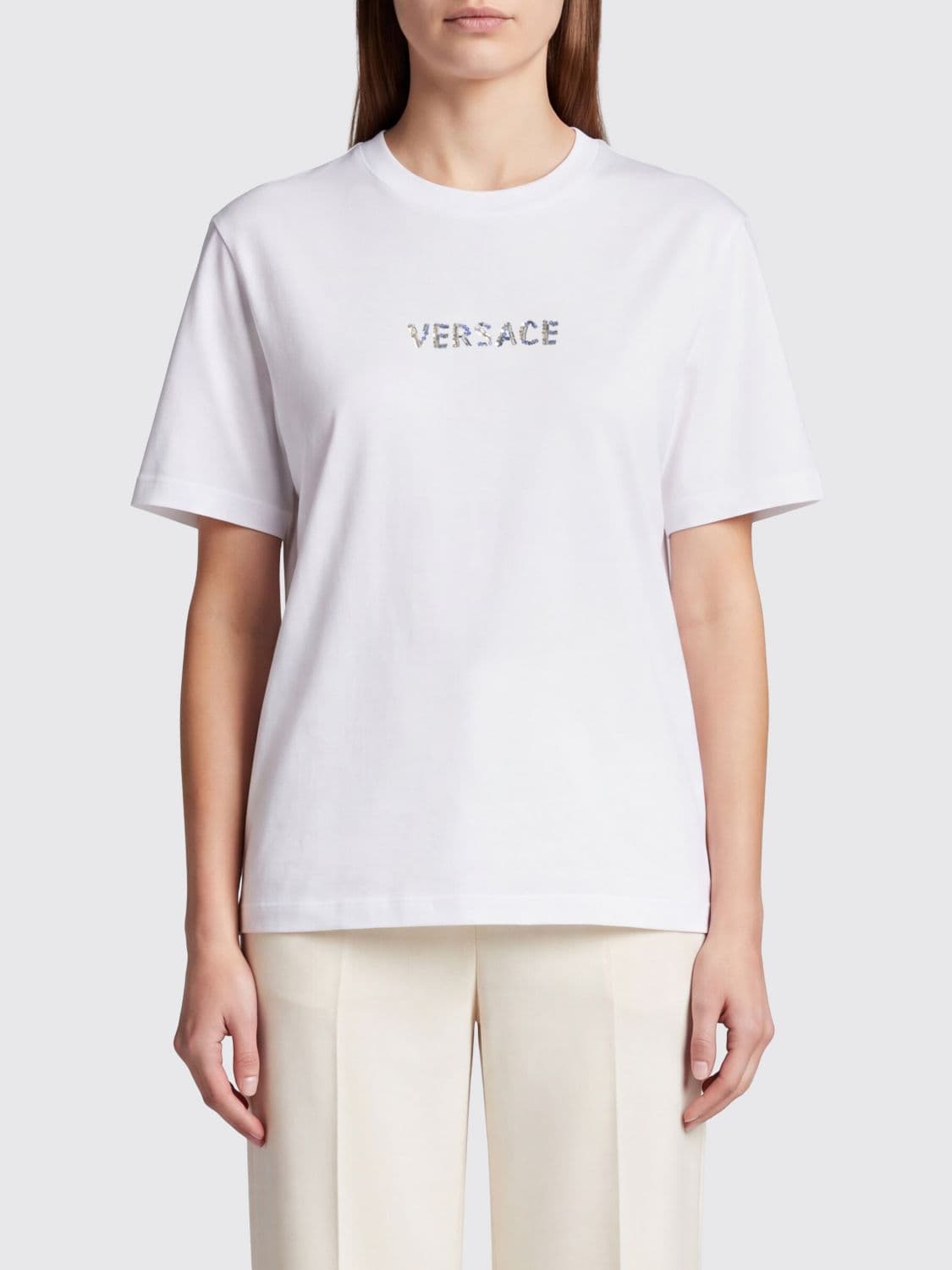 Versace Rhinestone Lettering Logo Cotton Crew-Neck T-Shirt