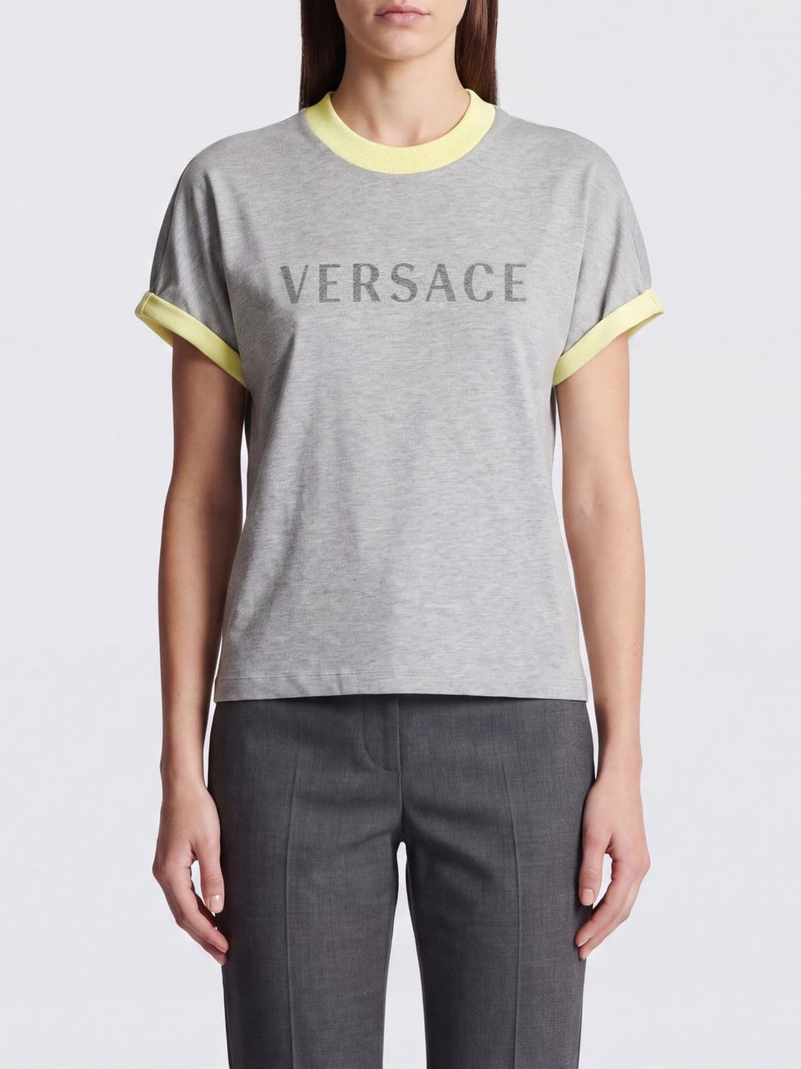 Versace Grey Cotton T-shirt with Printed Logo and Contrast Trims