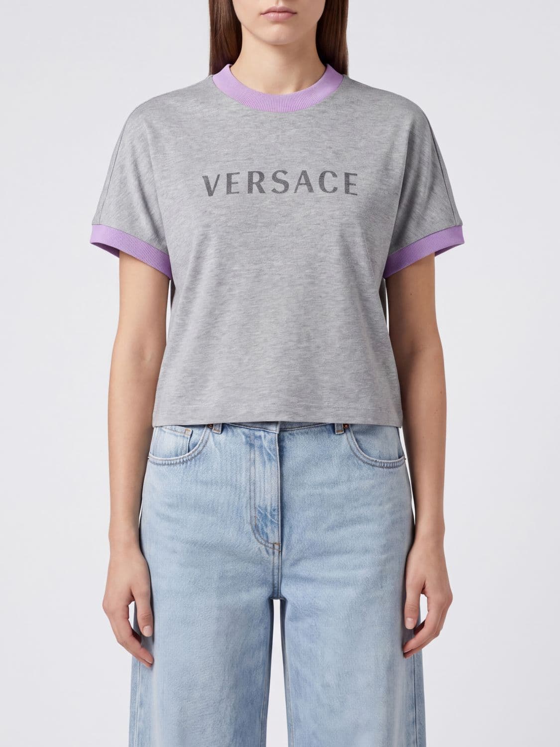 Versace Grey Cotton T-shirt with Printed Logo and Contrast Trims · 42
