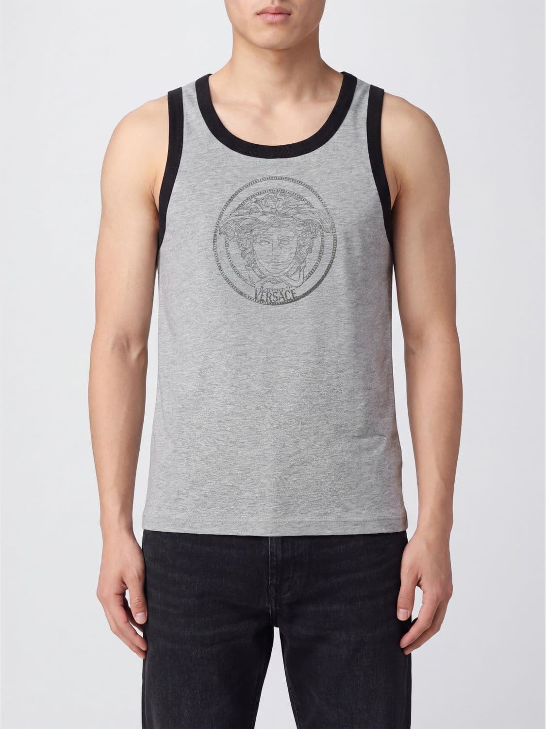Versace Embroidered Medusa Logo and Rhinestone Cotton Tank Top