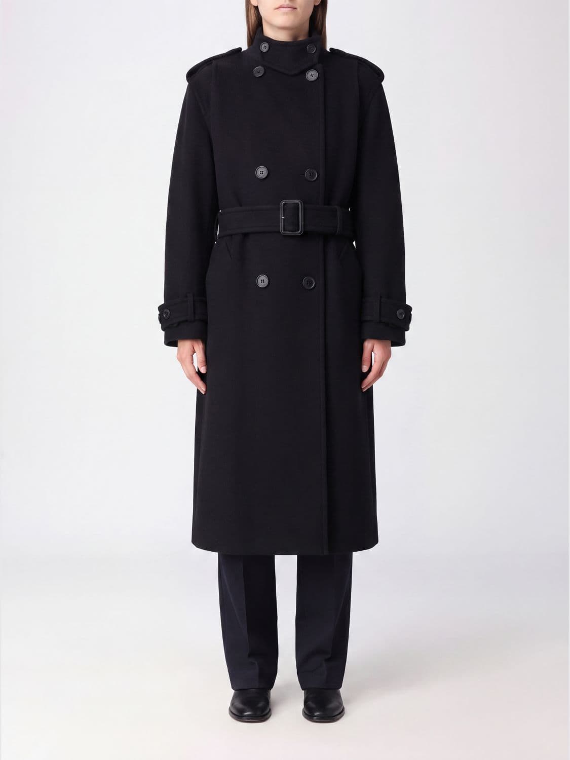 Chloé Long Double-Breasted Virgin Wool Coat with Belt and High Neck