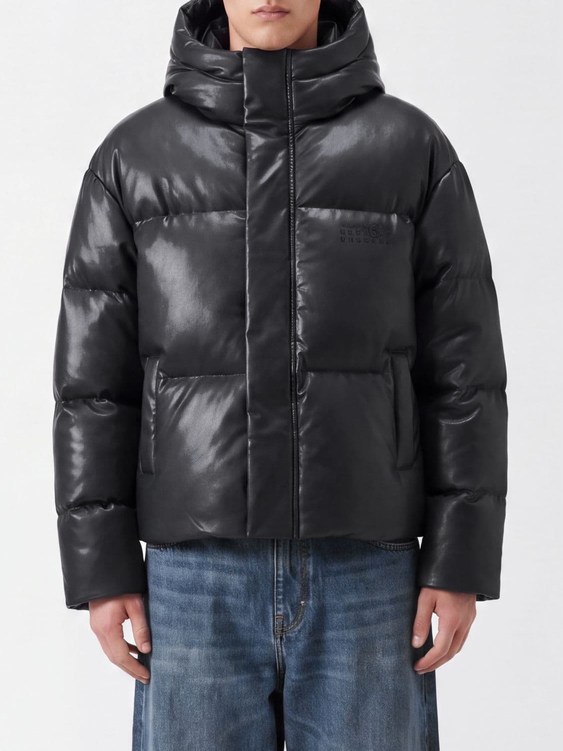 Mm6 Maison Margiela Hooded Quilted Short Puffer Jacket in Faux Leather