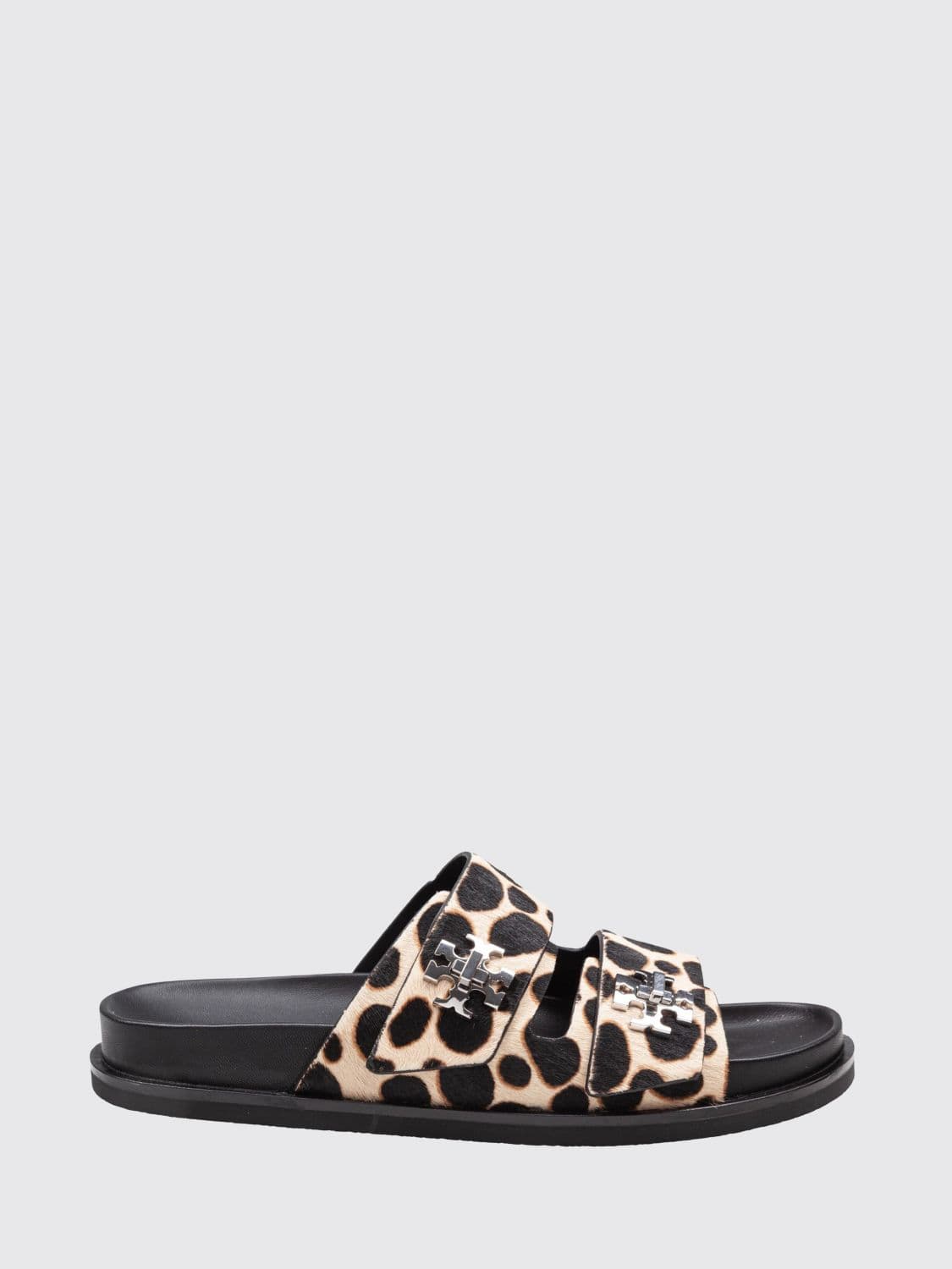 Tory Burch Animal-Print Pony Hair Flat Sandals with Double T Logo
