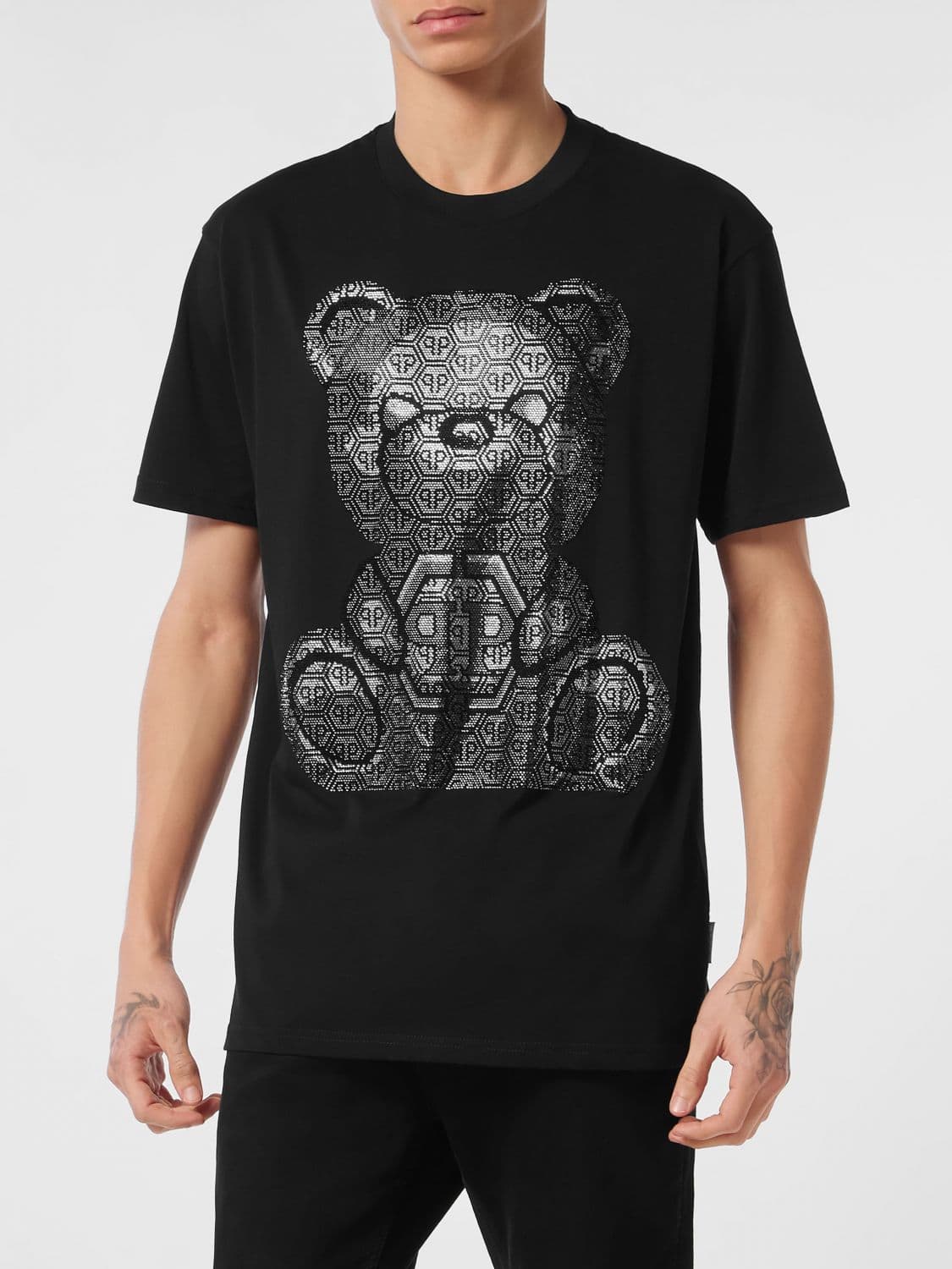 Philipp Plein Cotton T-Shirt with Teddy Bear Print and Hexagon Logo