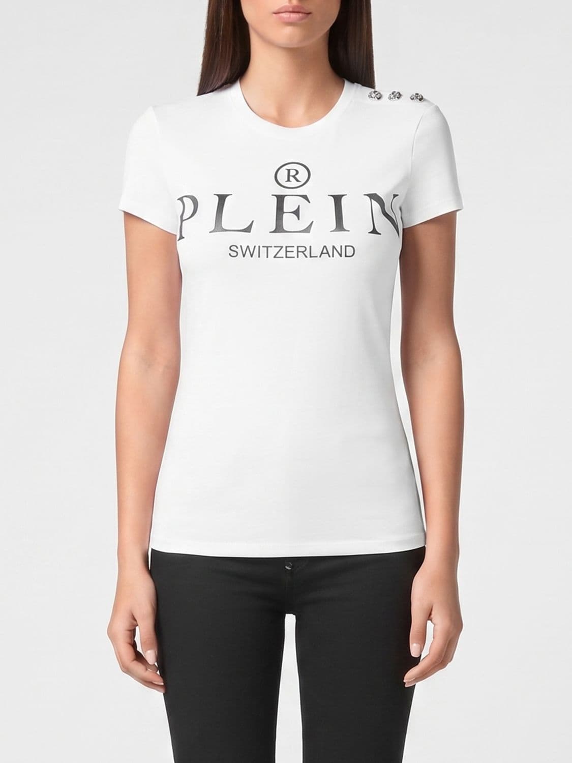 Philipp Plein Slim Fit Jersey Crewneck T-shirt with Contrast Logo and Epaulettes
