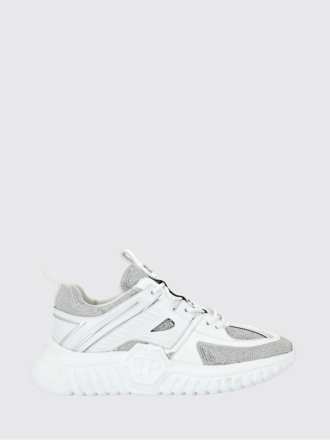 Philipp Plein Leather Low-Top Sneakers with Rhinestones and Hexagon Logo