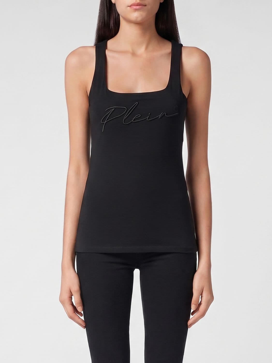 Philipp Plein Slim Fit Jersey Tank Top with Square Neck and Embroidered Logo