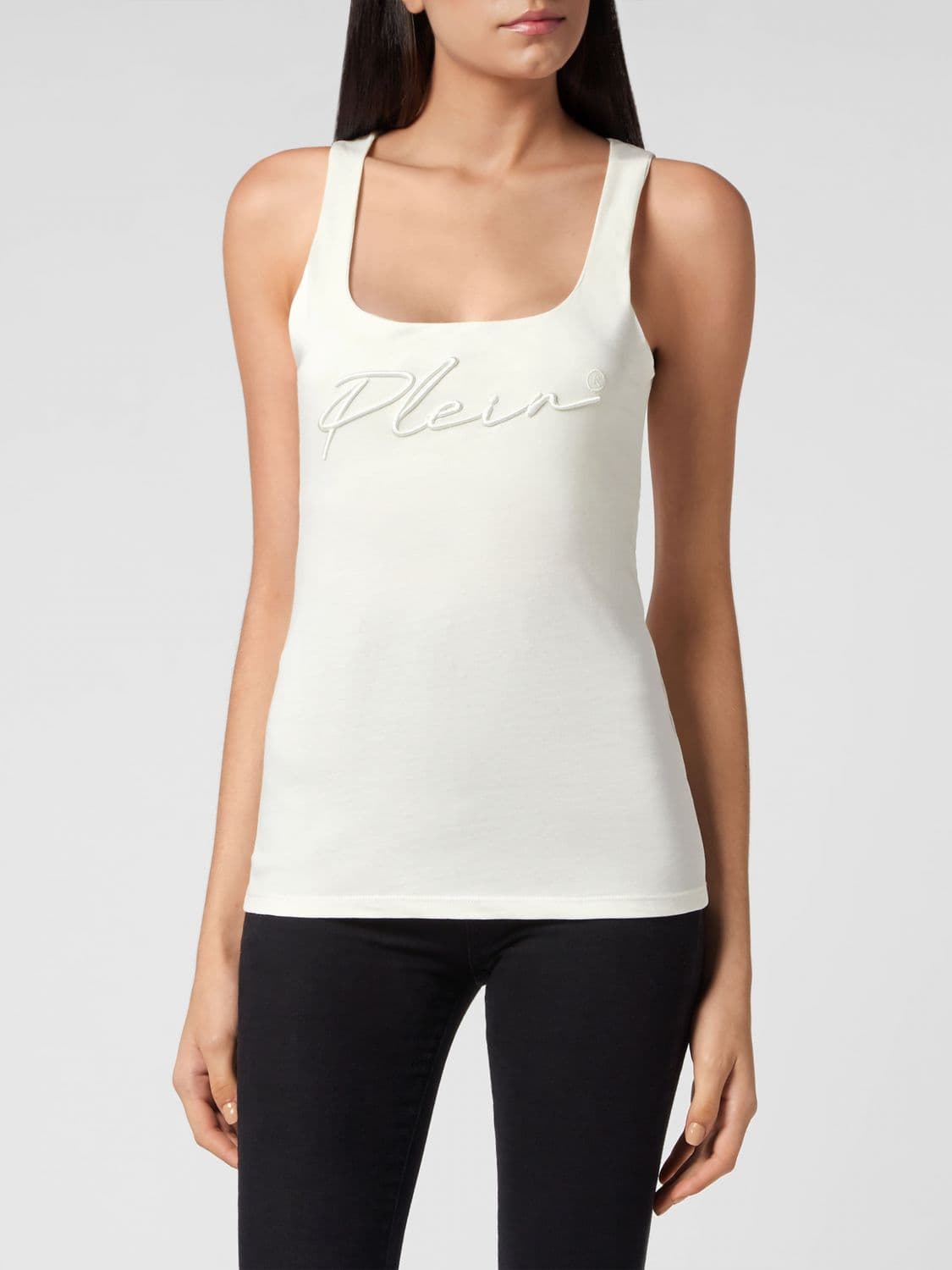 Philipp Plein Slim Fit Jersey Tank Top with Square Neck and Embroidered Logo