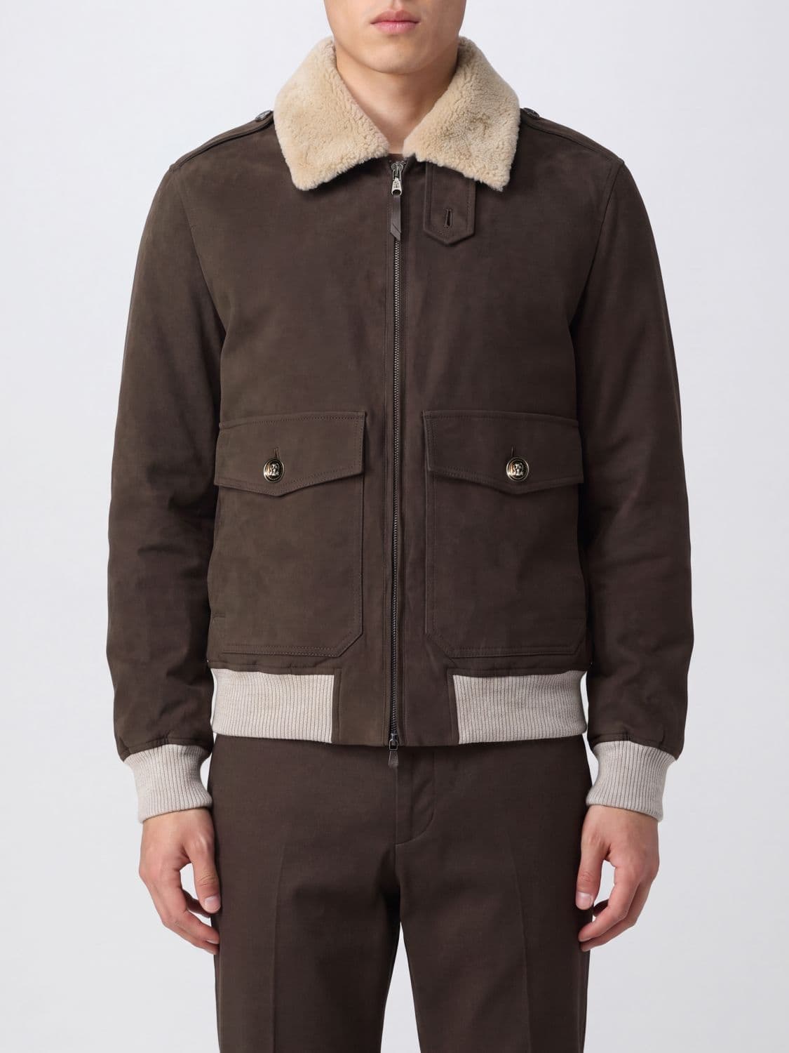 Brunello Cucinelli Suede Bomber Jacket with Shearling Collar and Padding